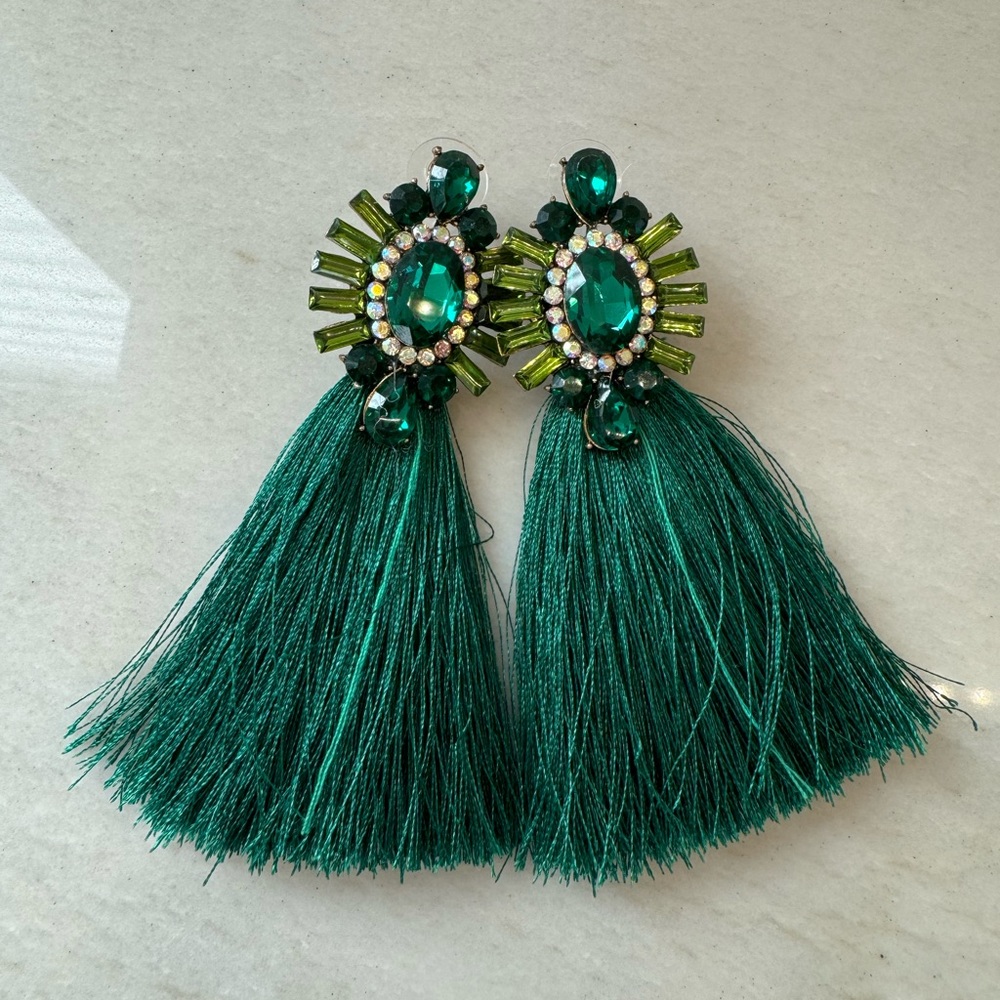 Jeweled, green tassel earrings